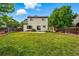 Large, fully fenced backyard with well maintained lawn and mature trees at 1248 Button Rock Dr, Longmont, CO 80504