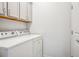 Functional laundry room featuring a modern washer and dryer set, as well as wall mounted cabinets at 56582 E 23Rd Ave, Strasburg, CO 80136