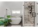 Modern bathroom featuring a freestanding tub, gray tile shower, and natural light at 1730 N Gaylord St, Denver, CO 80206