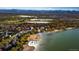 Panoramic aerial view of the neighborhood near the lake with docks and beaches at 6296 W Prentice Ave, Littleton, CO 80123