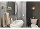 Modern powder room with a gray walls, stylish fixtures, and a decorative mirror at 6296 W Prentice Ave, Littleton, CO 80123