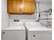 Laundry room featuring two white washing machines and overhead wooden cabinets at 9797 E Peakview Ave # C1, Englewood, CO 80111