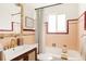 Charming bathroom showcasing pink tile, modern fixtures, and a soaking tub at 4420 W 27Th Ave, Denver, CO 80212