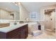 Well-lit bathroom with dual sinks, walk-in shower, jetted tub, and modern fixtures at 3109 Newport Cir, Castle Rock, CO 80104