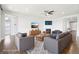 Bright living room features stylish furniture, a fireplace, and a ceiling fan at 27196 E Alder Dr, Aurora, CO 80016