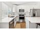 Modern kitchen with white cabinets, a stainless steel appliances and quartz countertops at 5935 E 129Th Pl, Thornton, CO 80602