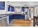 Stylish kitchen with navy blue cabinets and stainless steel appliances at 6434 S Dudley Way, Littleton, CO 80123