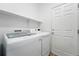Bright laundry room showcasing modern white appliances, a shelf, and a door for convenient access at 25077 E Canal Pl, Aurora, CO 80018