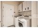 Functional laundry room with modern washer, dryer, storage cabinets, and easy access to the outside at 5037 Pelican St, Brighton, CO 80601