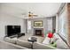 Comfortable living room with a stone fireplace, large windows, and plush seating at 1382 Raindrop Way, Castle Rock, CO 80109