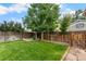 Private fenced backyard featuring a lawn, trees, and potential garden space at 113 Rockaway Ave, Castle Rock, CO 80104