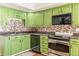 Kitchen with green cabinets, tile backsplash, and stainless steel appliances at 2795 S Lansing Way, Aurora, CO 80014