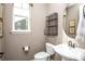 Half bathroom with modern fixtures, toilet, sink, and decorative shelving providing ample space at 3392 Homestead Dr, Longmont, CO 80504