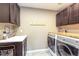 Laundry area with modern washer and dryer, a utility sink and built-in cabinets at 3392 Homestead Dr, Longmont, CO 80504