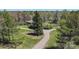 An aerial view captures the home with a winding driveway lined with mature landscaping and tall trees at 4480 S Franklin St, Cherry Hills Village, CO 80113