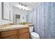 Well-lit bathroom features stylish vanity, decorative mirror, and patterned shower curtain, creating a fresh and clean space at 7072 Palisade Dr, Highlands Ranch, CO 80130