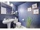 Stylish powder room featuring a pedestal sink, toilet, and decorative accents against navy blue walls at 7072 Palisade Dr, Highlands Ranch, CO 80130