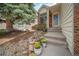 Inviting home entrance with steps leading to the front door, potted plants, and a mature tree nearby at 7072 Palisade Dr, Highlands Ranch, CO 80130