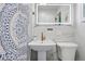Stylish bathroom featuring a pedestal sink, illuminated mirror, and patterned wallpaper at 3380 S Ogden St, Englewood, CO 80113