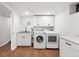 Bright laundry room features granite countertops, sink, storage cabinets and a new washer and dryer at 3380 S Ogden St, Englewood, CO 80113