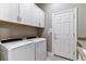 A functional laundry room with bright white cabinetry, appliances, and a door to outside at 22656 E Glidden Dr, Aurora, CO 80016
