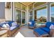 Inviting covered patio featuring comfortable wicker furniture, blue cushions, and an expansive view at 18926 W 94Th Ave, Arvada, CO 80007