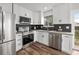 Contemporary kitchen with white cabinets, stainless steel appliances, and a stylish dark backsplash at 13438 E 13Th Pl, Aurora, CO 80011