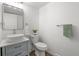 Stylish powder room with vessel sink, blue vanity, and modern fixtures at 13438 E 13Th Pl, Aurora, CO 80011