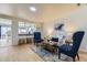 Open-concept living space with wood floors, stylish seating, and a view into the kitchen at 7822 S Kittredge Cir, Englewood, CO 80112