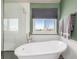 Bright bathroom showcasing a standalone tub near a window and glass-enclosed shower with green accent wall at 291 Las Lomas St, Brighton, CO 80601