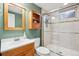 Well-lit bathroom featuring a glass shower door, wooden vanity, and coordinated fixtures at 6068 S Clayton St, Centennial, CO 80121
