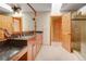 Bathroom has granite countertops with double sinks, wood cabinets, and walk-in shower at 25803 Aspen Way, Golden, CO 80401