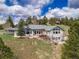 Expansive home with large windows offers a unique exterior elevation on a sprawling, wooded lot with mature trees at 25803 Aspen Way, Golden, CO 80401