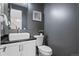 Modern half bath featuring stylish vanity, contemporary fixtures, and dark gray walls at 2745 Java Ct, Denver, CO 80211