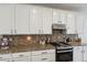 Kitchen with white cabinets, granite countertops, stainless steel appliances, and decorative backsplash at 14938 Vienna Cir, Parker, CO 80134