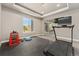 This home gym is complete with a treadmill, weight rack, and outdoor access at 1803 Avenida Del Sol, Castle Rock, CO 80104