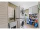 Convenient laundry room offers a stacked washer and dryer, utility sink, and built-in storage at 1530 W Berkeley Pl, Denver, CO 80221