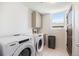 Functional laundry room with modern appliances, storage cabinets, and a bright window at 3057 S University Cir, Englewood, CO 80113