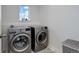 Modern laundry room with stainless steel washer and dryer, a small window, and a wicker basket at 1256 Elbridge Dr, Elizabeth, CO 80107