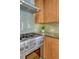 Close-up of stainless range and vent hood, custom cabinets, and backsplash at 1716 S Ogden St, Denver, CO 80210