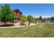A verdant backyard showcasing a well-kept lawn, mature trees, and a charming patio area at 4804 Eckert St, Castle Rock, CO 80104