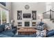 Bright, open living room boasts high ceilings, a fireplace, and showcases staircase to the upper level at 9570 Kendrick Way, Arvada, CO 80007