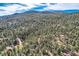 Aerial view of homes nestled in a dense forest with mountains in the background under a cloudy sky at 28669 Mountain View Rd, Conifer, CO 80433