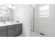 Bathroom with gray cabinets, white countertop, and a window at 2455 Alpine St, Longmont, CO 80504