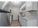 Modern kitchen featuring stainless steel appliances, granite countertops, and white cabinets at 4110 Hale Pkwy # 1E, Denver, CO 80220
