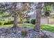 Landscaped front yard featuring mature trees, rocks, and plants enhancing the curb appeal of the home at 6055 W Warren, Lakewood, CO 80227