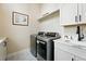 Functional laundry room with modern washer and dryer, sink, white cabinets, and patterned floor tiles at 2635 Pierce St, Wheat Ridge, CO 80214