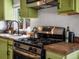 Kitchen featuring stainless steel stove, wooden countertops, and green cabinets with views to the backyard at 3134 W Center Ave, Denver, CO 80219