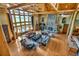 Grand living room with a soaring wood beam ceiling, stone fireplace, and large windows at 15958 Shadow Mountain Ranch Rd, Larkspur, CO 80118