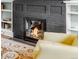 Close-up of the fireplace with a glass door, brick surround, and built-in shelving at 543 N Marion St, Denver, CO 80218